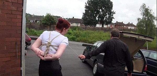  Redhead amateur Sacha in public bondage and humiliating outdoor domination